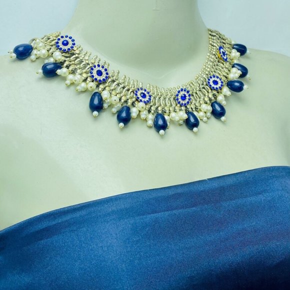 Silver Kuchi Jewelry Set With Blue Glass Stones, Vintage Boho Kuchi Handmade Tri - Picture 6 of 15